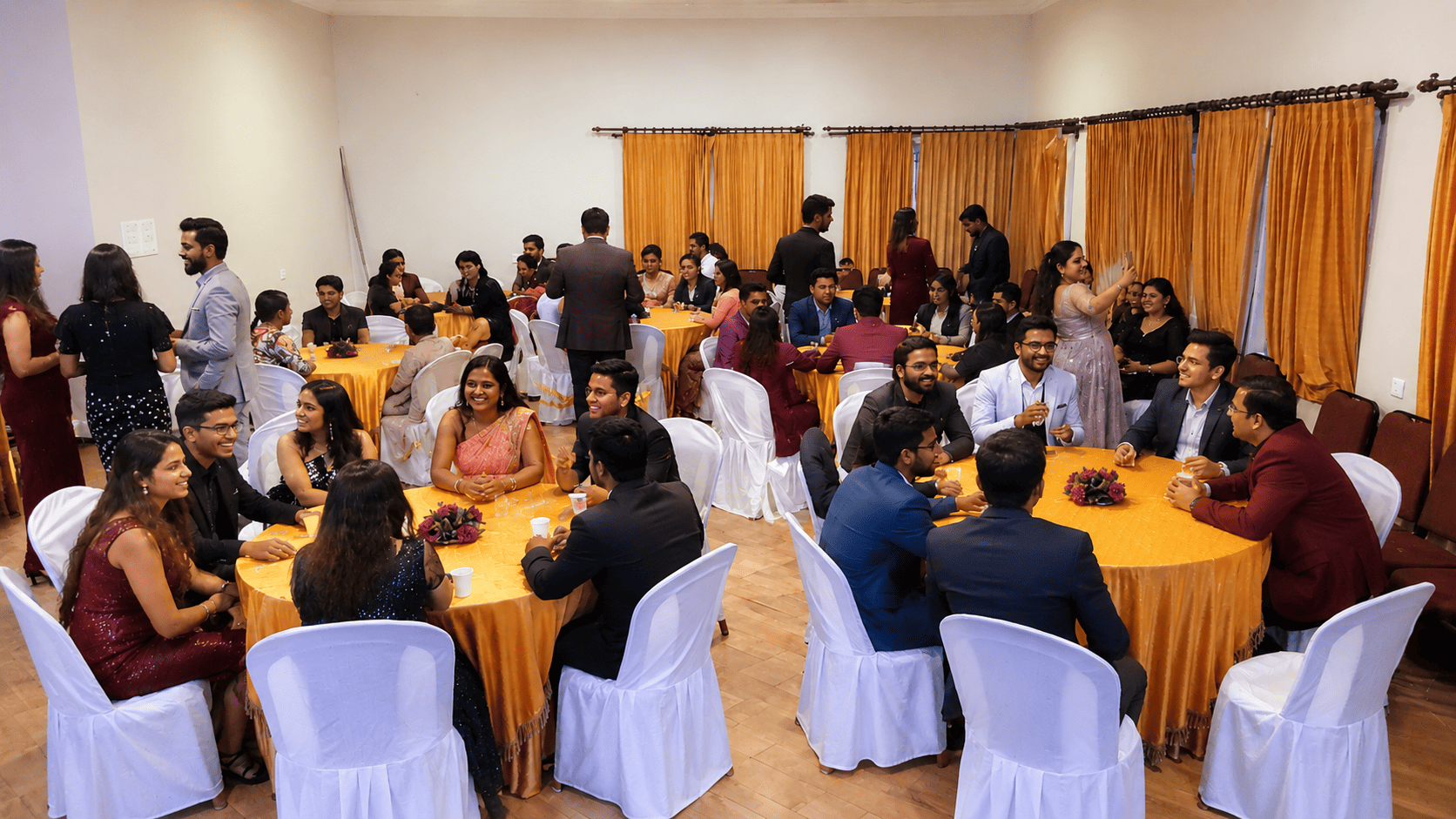 Spacious banquet hall with round table seating for events and gatherings