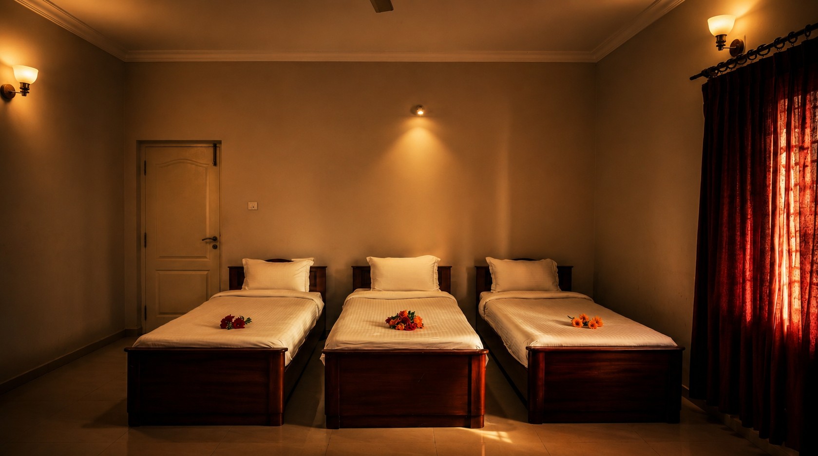 Spacious triple-bed hotel room with modern furnishings, comfortable bedding, and warm ambient lighting for family stays