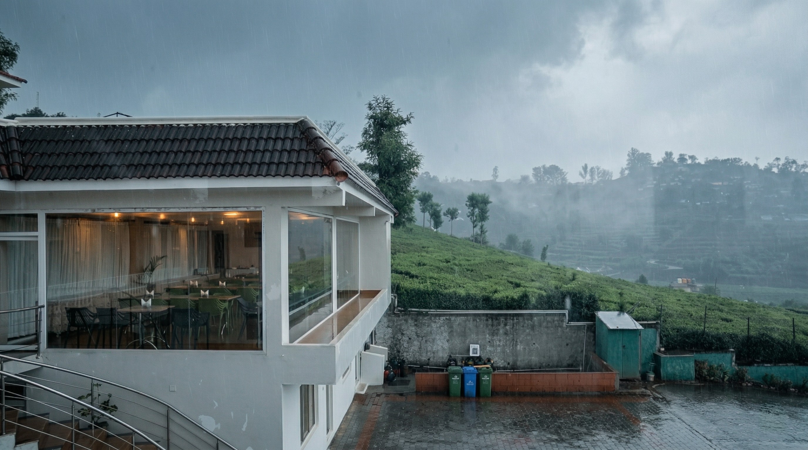  Luxury resort overlooking lush tea gardens during rainfall with scenic mountain views and outdoor dining area.