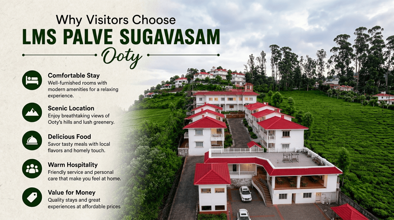 LMS Palve Sugavasam Ooty luxury resort surrounded by lush tea plantations offering comfortable stays, scenic views, delicious food, and warm hospitality.